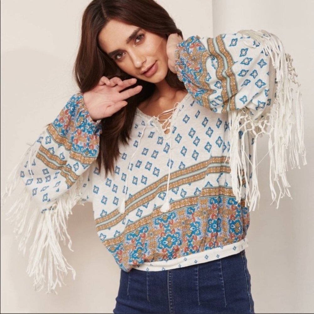 Free People Blue and White Fringe Blouse
